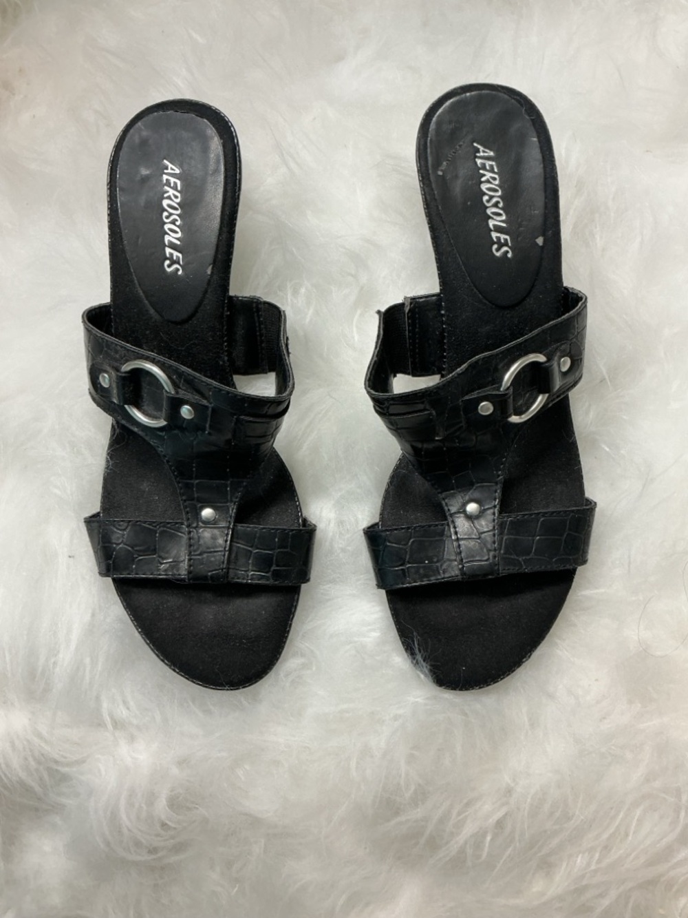 AEROSOLES Black Croc-Embossed Slip-On Mules with Buckle